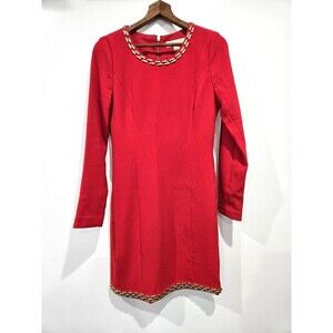 Michael Kors Red Dress Knee Length Gold Studded Womens Long Sleeve Holiday 2‎